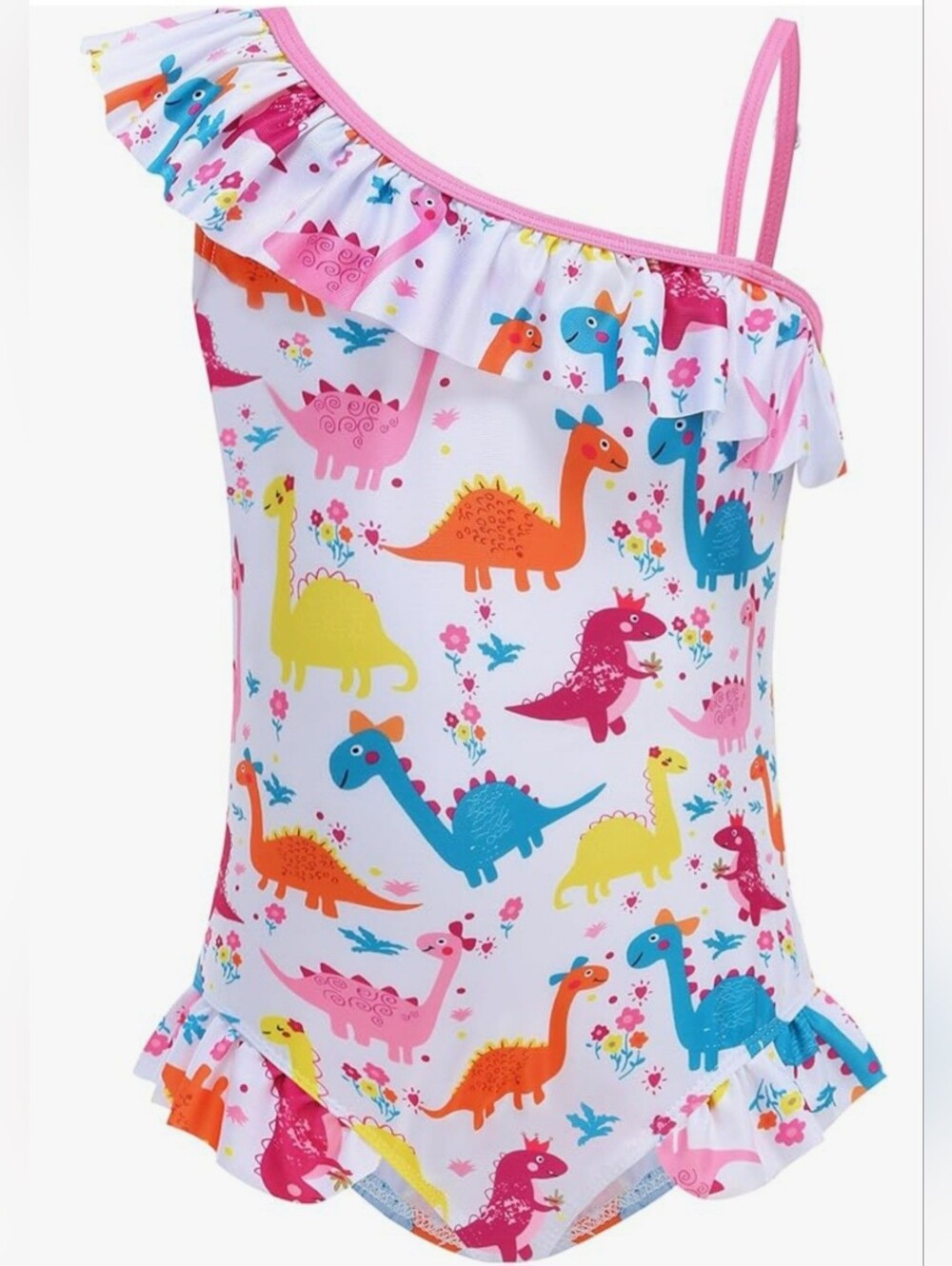 Girls' White One-Shoulder Ruffle Dino Swim One-Piece